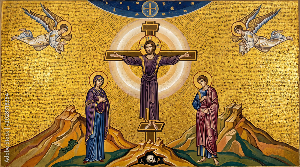 Fototapeta premium Crucifixion of Jesus Christ in byzantine gold mosaic style