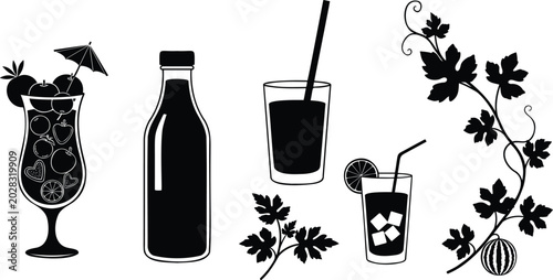 Fotografía Summer refreshments drinks vector illustration with fruit glass bottle and grape vines
