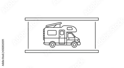 RV Camper Van Inside Garage or Storage Unit, Line Art Icon