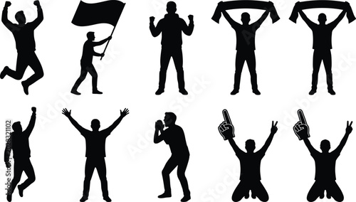 Sports Supporter Silhouette Collection with Victory Celebration Cheering Fans and Stadium Enthusiasm Actions for Entertainment Design Projects