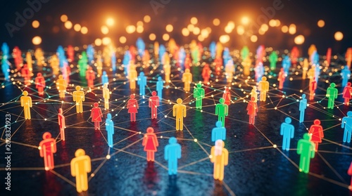 Obraz na płótnie Connected digital community human shapes glowing light threads dark textured background symbolizing global networking social interaction virtual communication data systems concept.