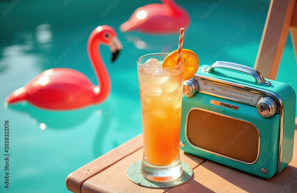 Obraz premium Retro pink flamingo pool float drifts near tall orange cocktail with ice and citrus slice. Vintage aqua radio sits nearby on wooden surface. Bright summer day.