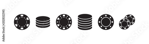 Set of black and white casino poker chips, with stacks, individual chips, and a chip featuring playing card suit symbols.