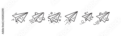 Set of six cute hand-drawn paper airplanes with happy faces, depicting dynamic flight and various charming trailing effects.
