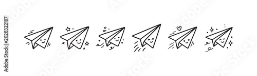 Foto Dynamic set of cute hand-drawn paper airplanes with happy faces, depicting joyful flight and various charming trailing effects