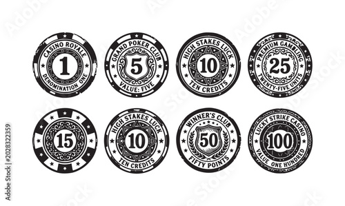 Photos Assortment of Eight Black and White Poker Chips with Denominations and Detailed