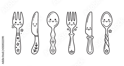 Cuadro en lienzo Decorative hand-drawn kawaii cutlery set with happy faces and whimsical patterns, including forks, knives, and spoons