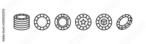 Set of outline casino chip icons including a stack, plain chips, a star chip, a chip with a single dice, and a tilted chip.