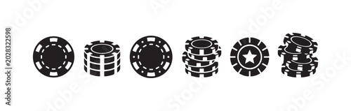 Collection of black and white casino poker chips, including stacks and single chips with star and plain designs.