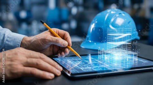 BIM Software Architect Designing 3D Building Model On Tablet, Showcasing Advanced Construction Technology And Digital Transformation In Engineering Projects.