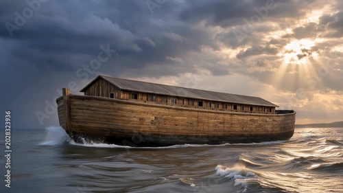Noah's Ark afloat on stormy seas beneath dramatic clouds and sunbeams, a large wooden vessel from the Book of Genesis representing survival, faith, and biblical flood narrative.