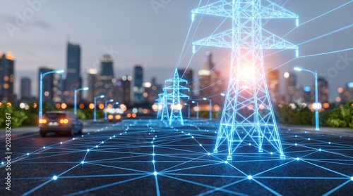 Smart Grid Technology powering modern urban infrastructure with digital energy networks, enhancing connectivity for sustainable future city development.
