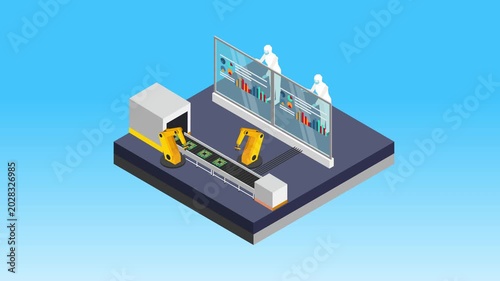 Automated Microchip Production Line with Robotic Arms and Data Monitoring 3d animation cartoon