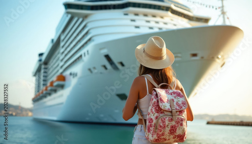 Young woman with straw hat and floral backpack stands near large cruise ship at port. Female tourist ready for sea voyage, vacation adventure on luxury liner. Sunny day, calm water.