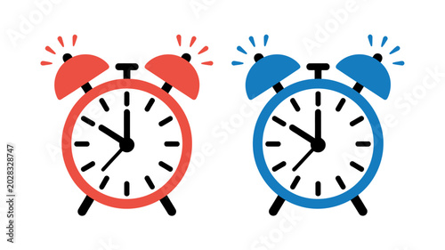 Bild auf Leinwand stylized alarm clocks a red and a blue version with radiating lines on a white b