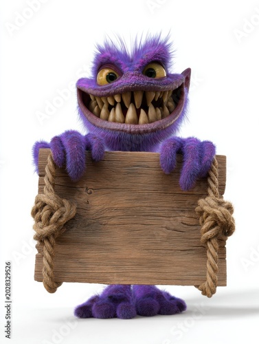 Purple furry monster character holding wooden sign, 3d