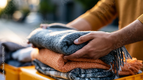A pair of European hands offers soft blankets to a bright donation box in a calm community aid moment in soft daylight clothes giving faceless detail softly defocused backdrop