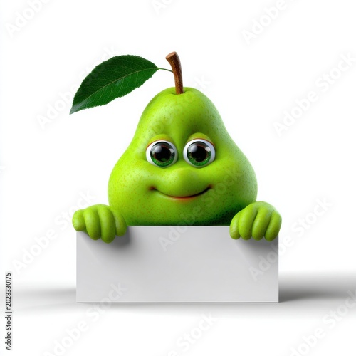 Friendly green pear character holding white blank sign with leaf