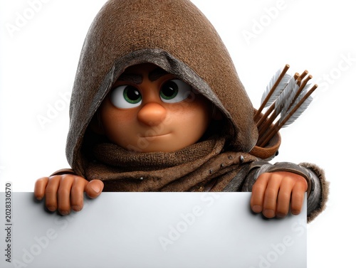 Hooded archer character illustration holding blank sign, brown green
