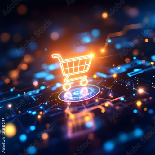 Shopping cart icon glowing on a digital screen, modern minimal style