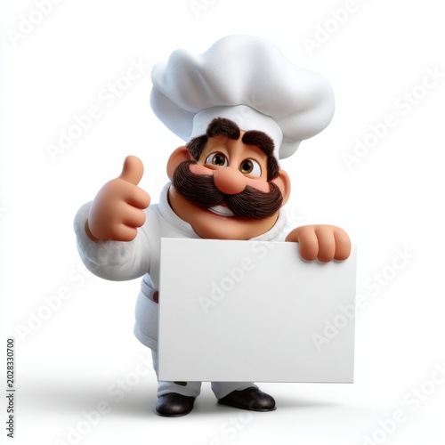 Cartoon chef mascot three dimensional character holding white sign