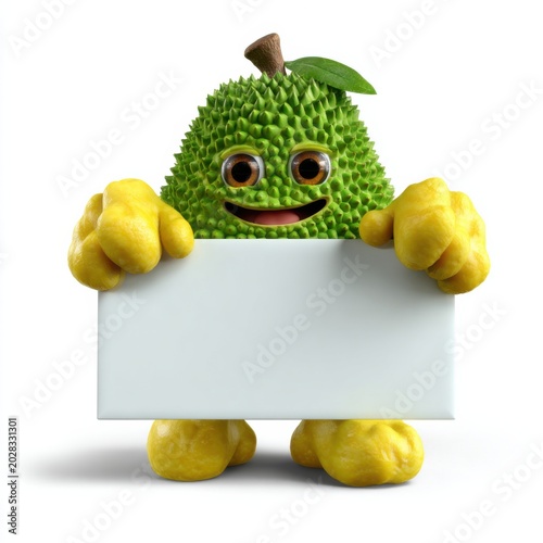 Green durian fruit character with yellow hands holding blank sign