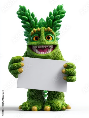 Green leafy monster holding blank sign, 3d cartoon illustration