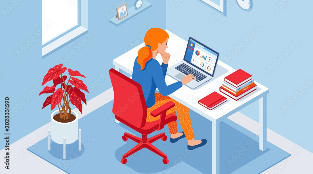 Fototapeta premium A diligent woman with red hair works productively on her laptop at a clean white desk in a modern isometric home office environment.