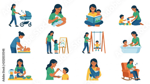 Motherhood Activities Collection Diverse Family Moments Illustrated.