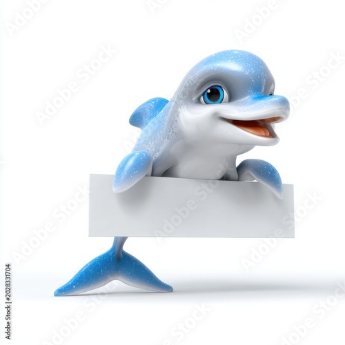 Blue smiling dolphin holding blank sign, glossy 3d illustration