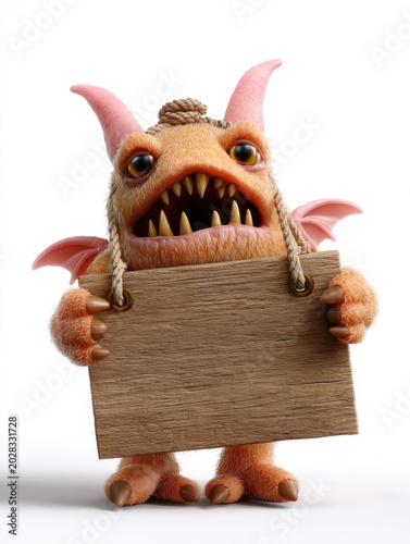 Orange furry monster holding wooden sign, three dimensional character
