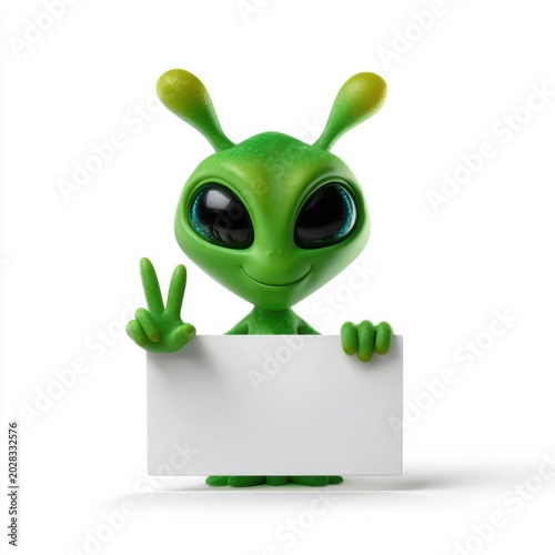 Green alien cartoon 3d character holding blank white sign