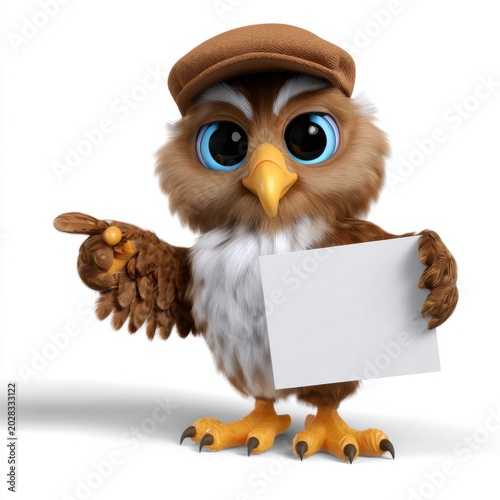 Cartoon owl illustration holding blank sign, brown and blue