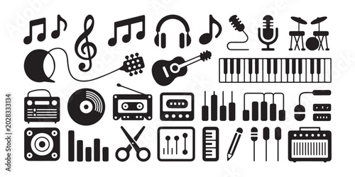 Foto Large collection of musical and audio recording icons in flat black solid vector graphic style