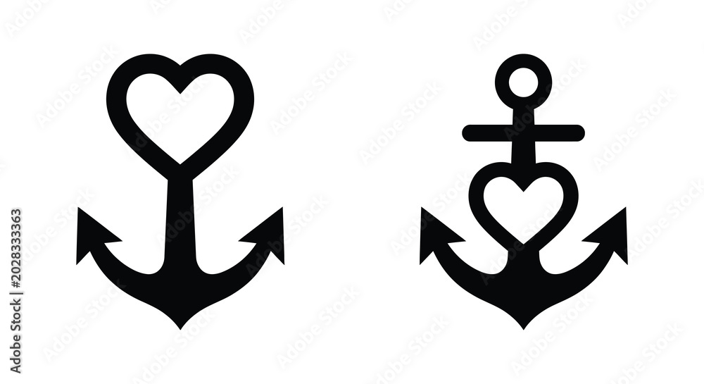 Εκτύπωση καμβά Two black anchor silhouettes with heart shaped tops on a white background silhou