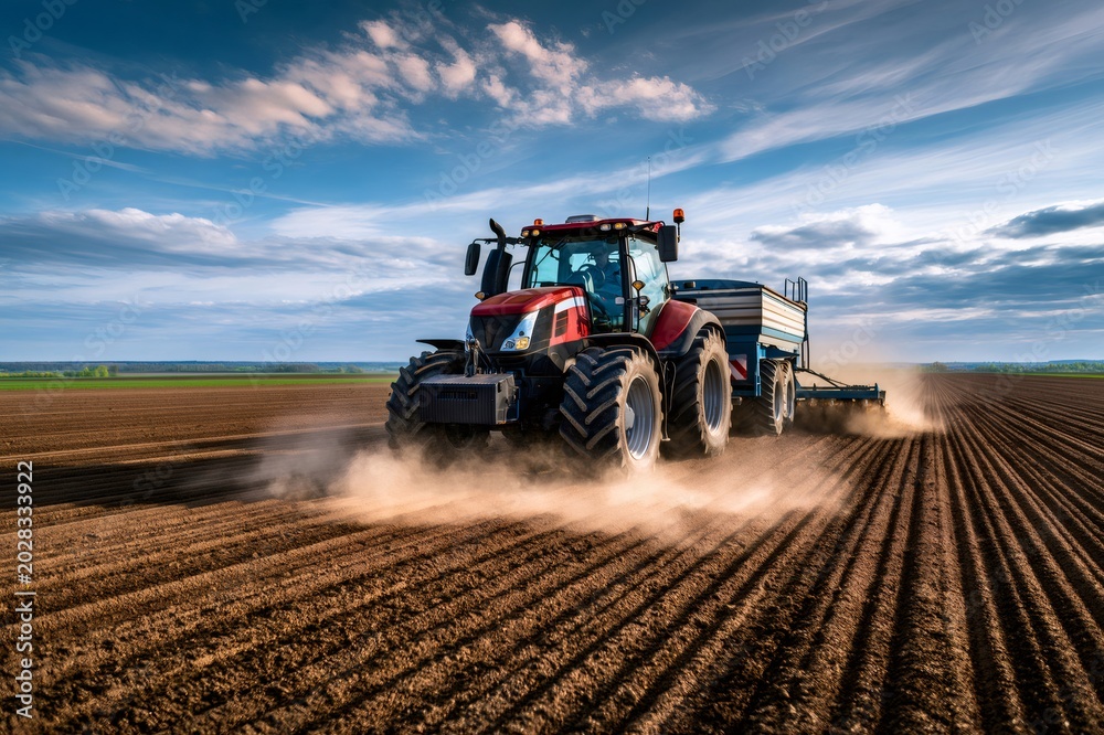 Fototapeta premium Modern tractor sowing seed on plowed farm field