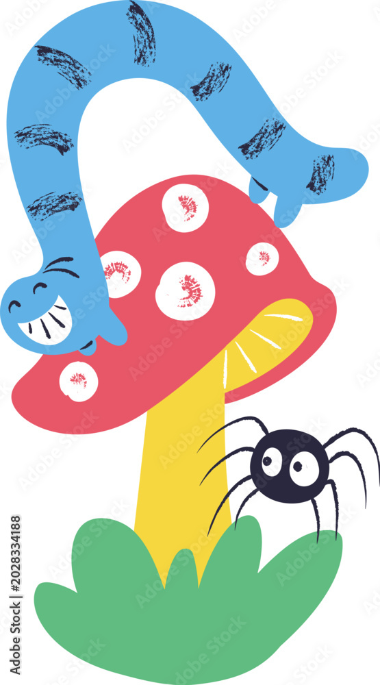 Fototapeta premium Worm On Mushroom Cartoon