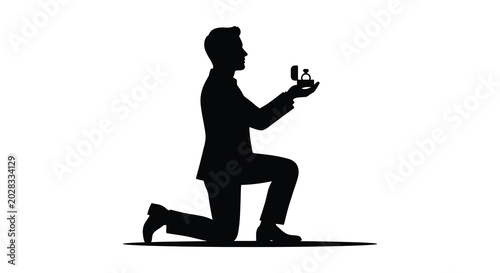 Tableau sur toile man proposing with ring box on one knee in black silhouette