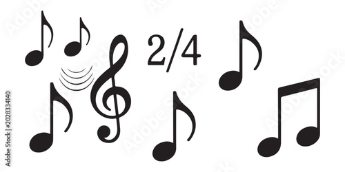 Bild auf Leinwand Music notation symbols including treble clef notes and time signature isolated on transparent bg