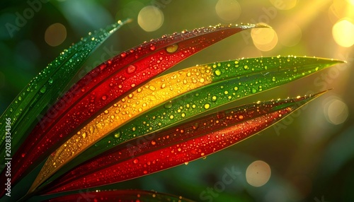 Tropical palm leaves reflecting vibrant Rasta colors with raindrops