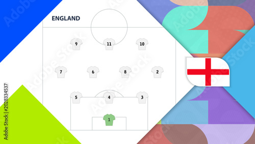 Billede på lærred England National Football Team Strategy Infographic with Pitch Lineup and Flag