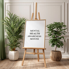 A white canvas on a wooden easel displaying "Mental Health Awareness Month" text, flanked by two green potted plants in a room with a paneled wall.