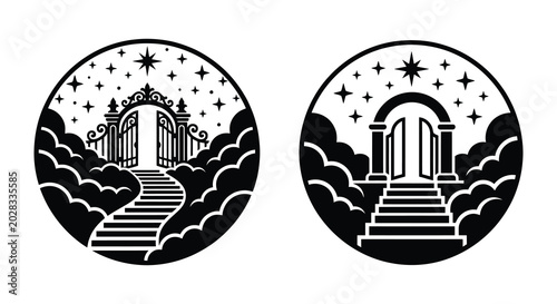 Heavenly gates and stairway to paradise circular silhouette with stars and clouds silhouette