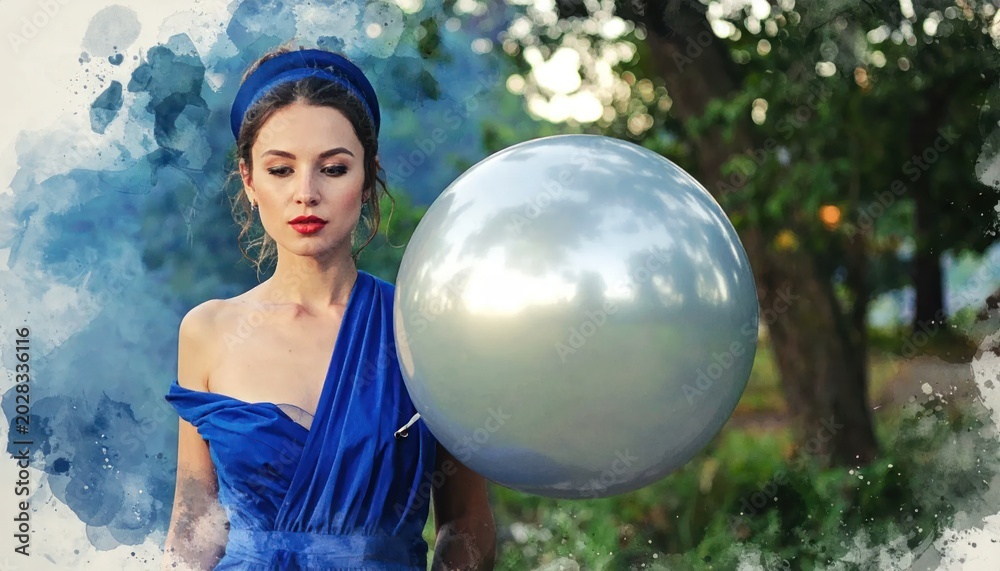 Naklejka premium Elegant Woman in Blue Dress Holding a Large Silver Sphere in Mystical Garden.