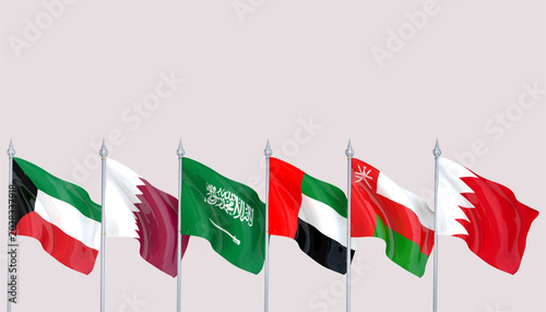 Fotografía Editable SVG Gulf Cooperation Council (GCC) national flags waving on silver poles