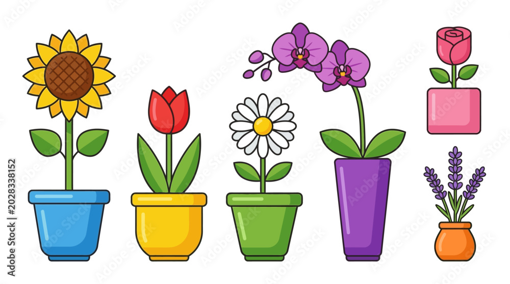 Obraz premium Colorful cartoon flowers in pots.