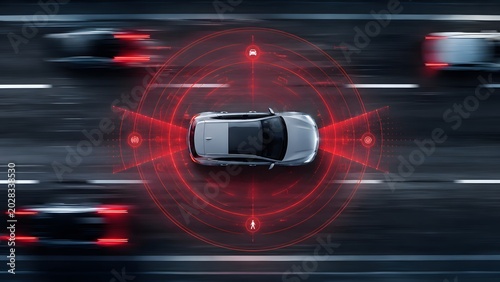 Autonomous car safety system on highway with red sensor detection network for smart vehicle technology traffic monitoring and driver assistance concept