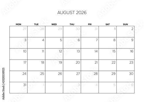 August 2026 Professional Calendar Grid Clean Minimalist Monthly Planner