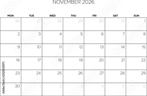November 2026 Minimalist Monthly Calendar Template Corporate Schedule Grid Layout