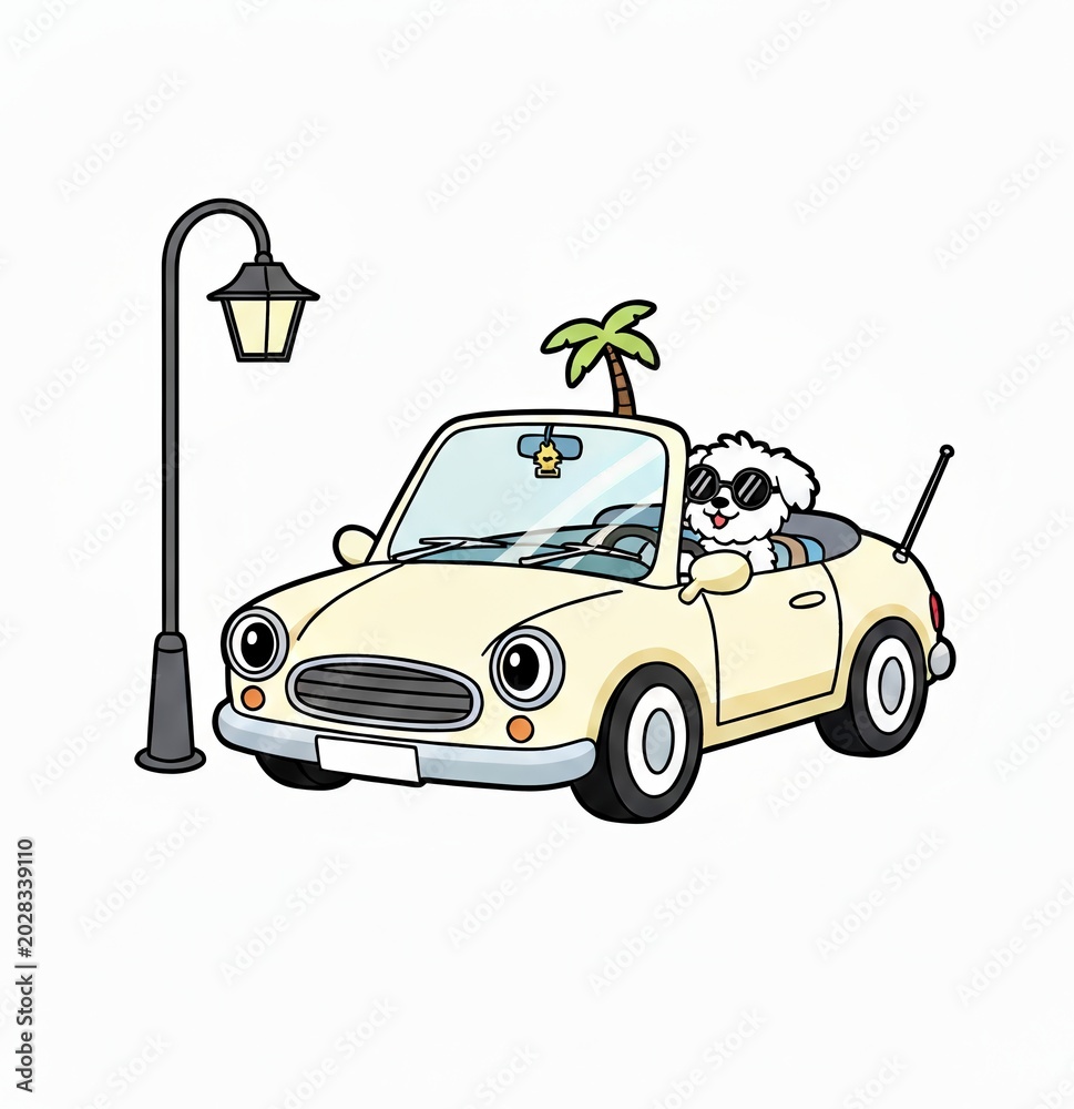 Naklejka premium Happy white fluffy dog wearing sunglasses driving a light yellow convertible car cartoon illustration